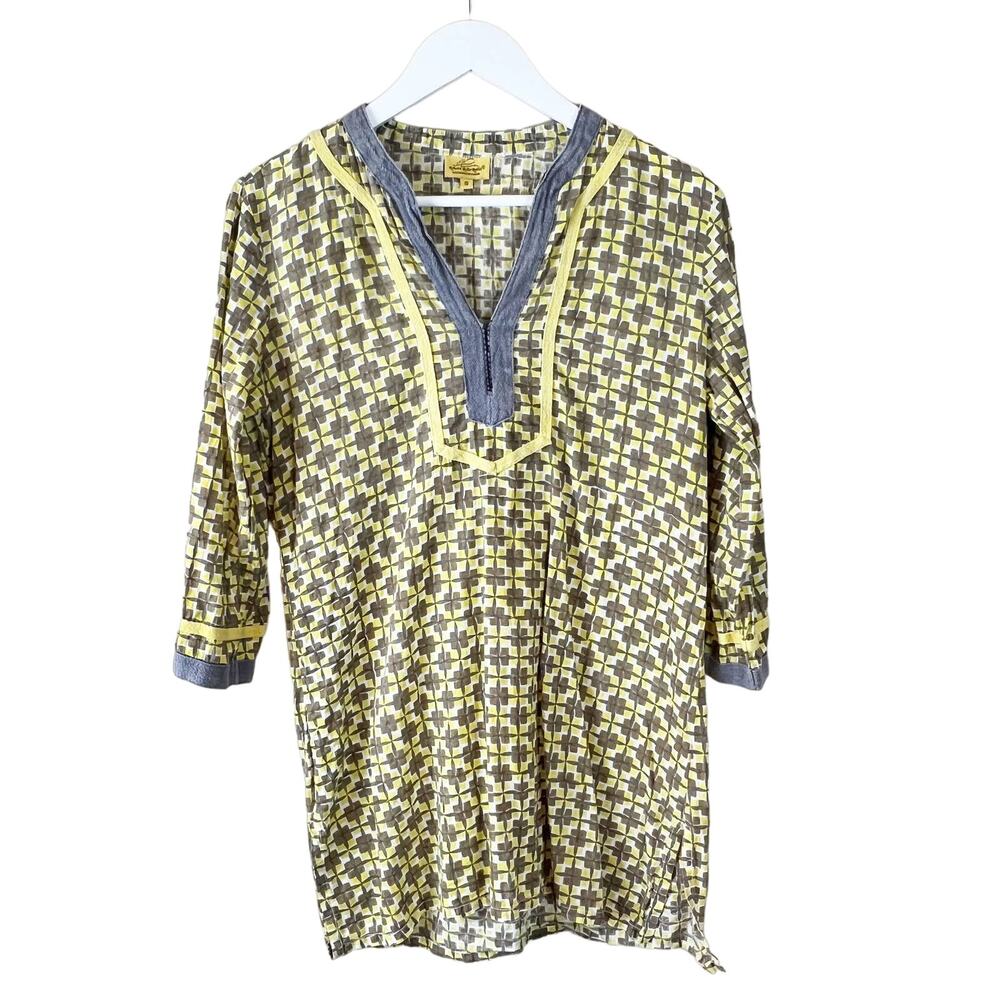 Roberta Roller Rabbit Yellow Brown Geometric Print‎ Tunic Shirt Top Women Size S